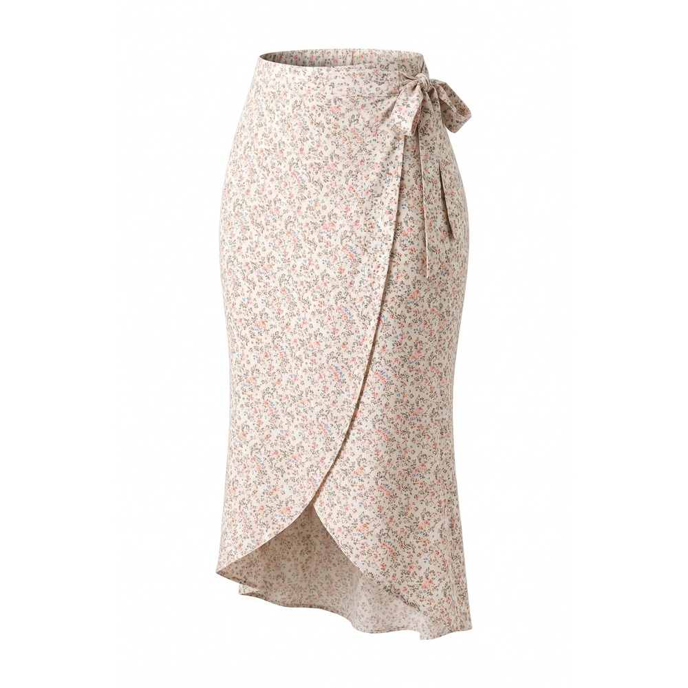 Floral Ditsy Print Wrap Midi Skirt High Low Tulip Hem Cream Pink Blue
